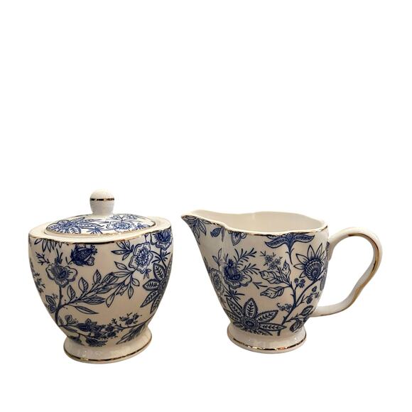 Grace Teaware Fine Porcelain Creamer & Sugar Blue & White Floral Gift Set New - Picture 1 of 16